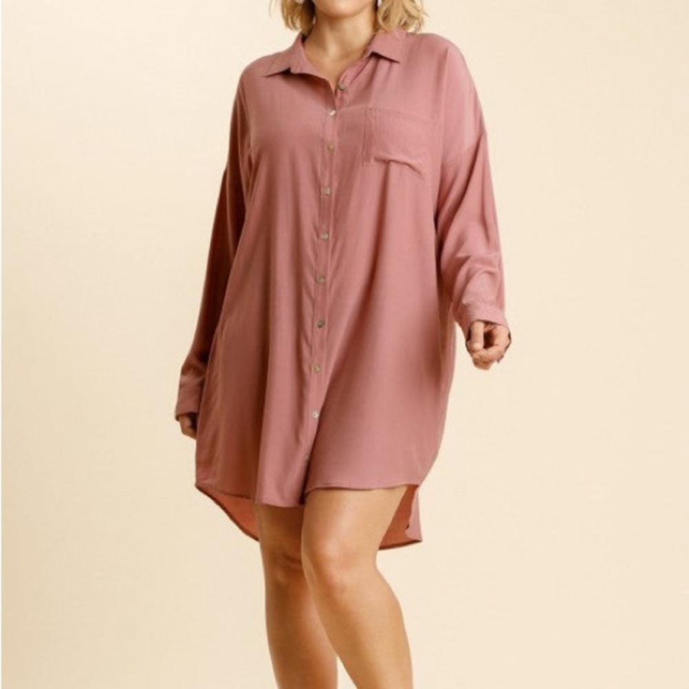 Plus Size Oversized Pink Button-Up Shirt Dress